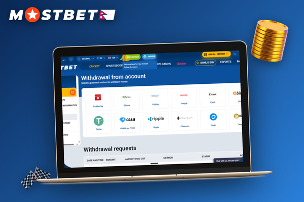 Mostbet affiliate dashboard on laptop displaying NPR earnings and registrations in Nepal