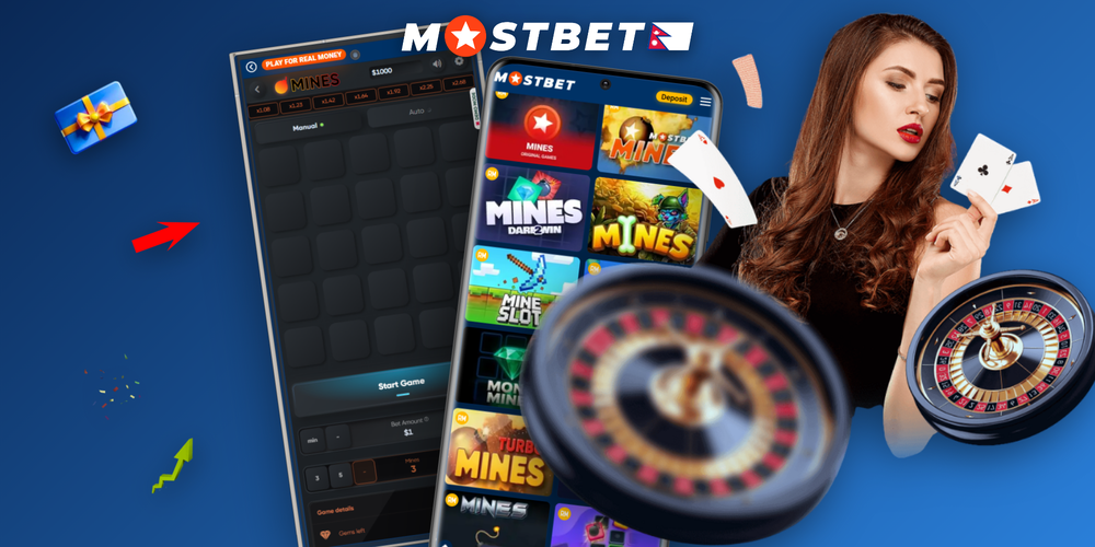 Mostbet Mines chart banner showing low medium and high risk boards with multipliers