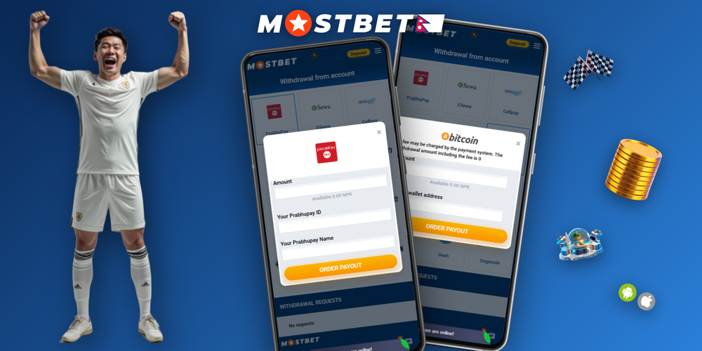 Mostbet app screens showing cricket bet slip, slot game and NPR withdrawal in Nepal