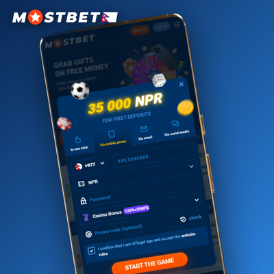 One-click Mostbet create account tile showing a single tap button in flat design